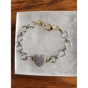 Two Tone Heart Link Bracelet Silver Gold Textured Charm